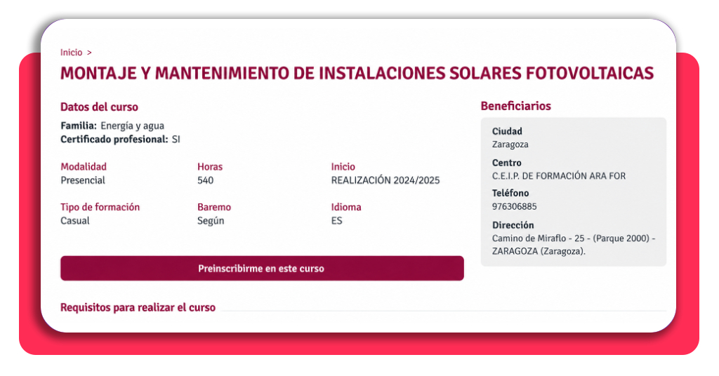 ¡ÚLTIMAS PLAZAS! Curso gratis para instalar placas solares 1 Acceso al portal INAEM para preinscripción al curso de instalación de placas solares
